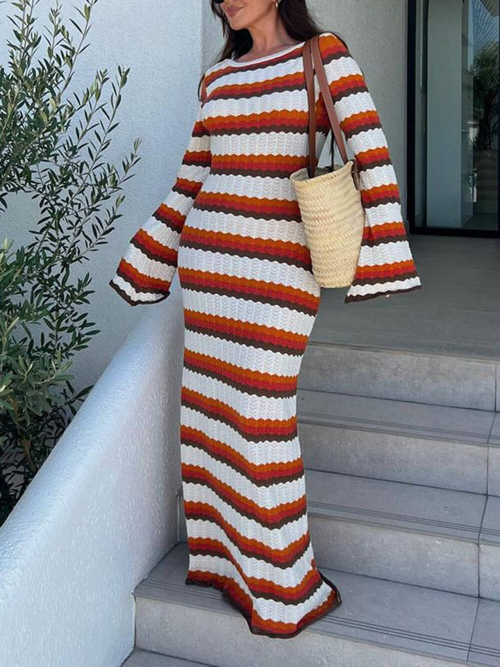Women's Maxi Dress with Stripes and Long Sleeves