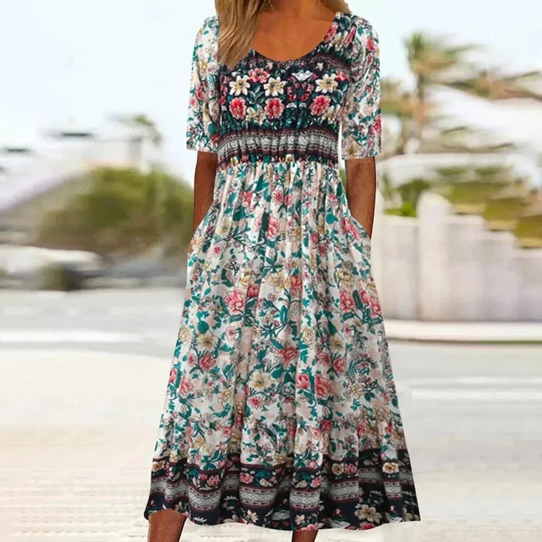 Peyton | Women's Boho Printed Square Neck Short Sleeve Midi Dress
