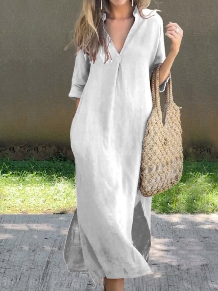 Women's Midi Dress with V-Neck in Loose Fit