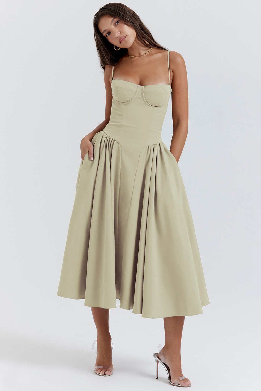 Women’s Elegant Midi Dress with Spaghetti Straps and Flared Skirt