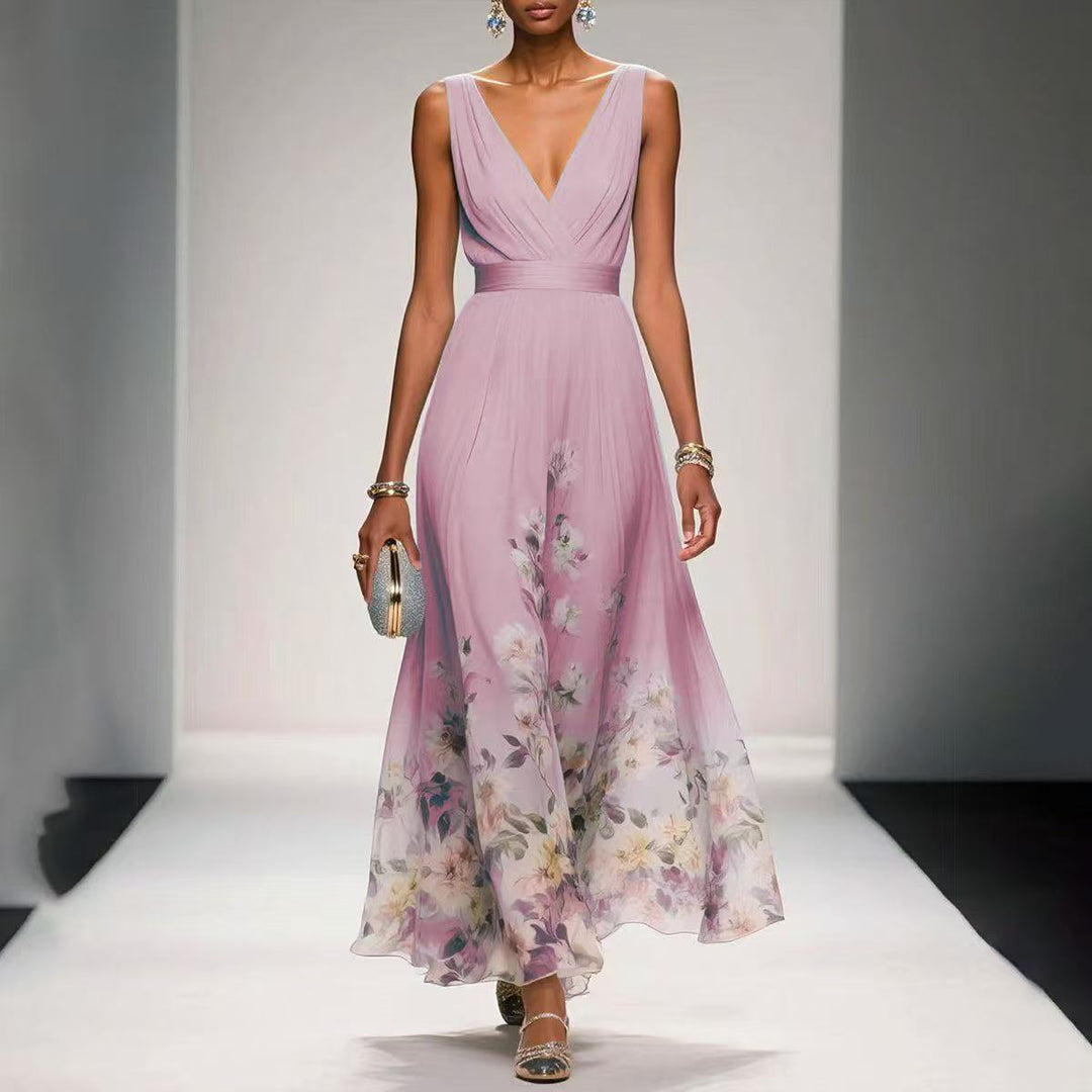 Women's Floral Border Print Sleeveless Maxi Dress - V-Neck