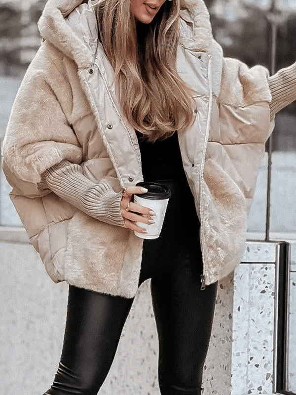 Women's Winter Jacket with Hood, Long Sleeves, and Fur Patchwork