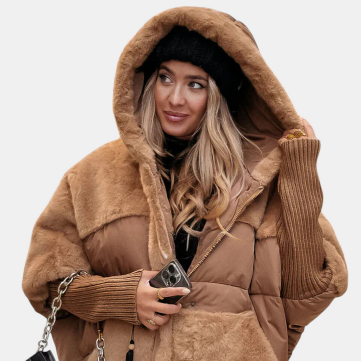 Oversized Puffer Jacket with Hood in Patchwork Style