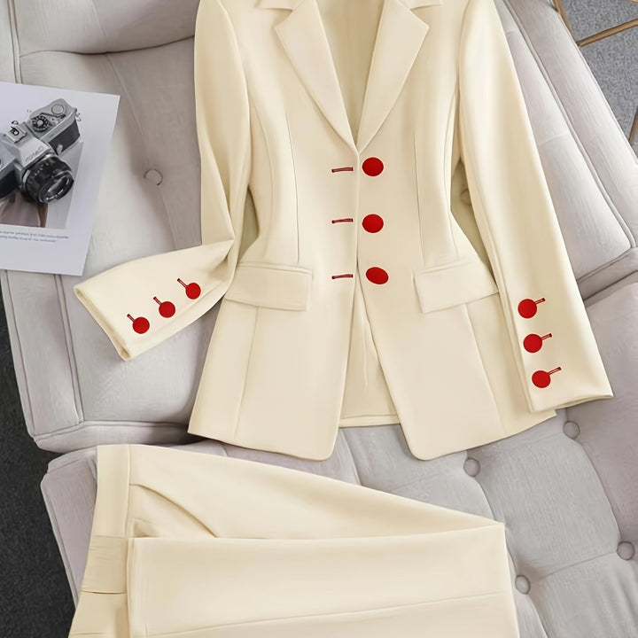 Women's Beige Tailored Blazer - Contrast Button Two Piece Suit