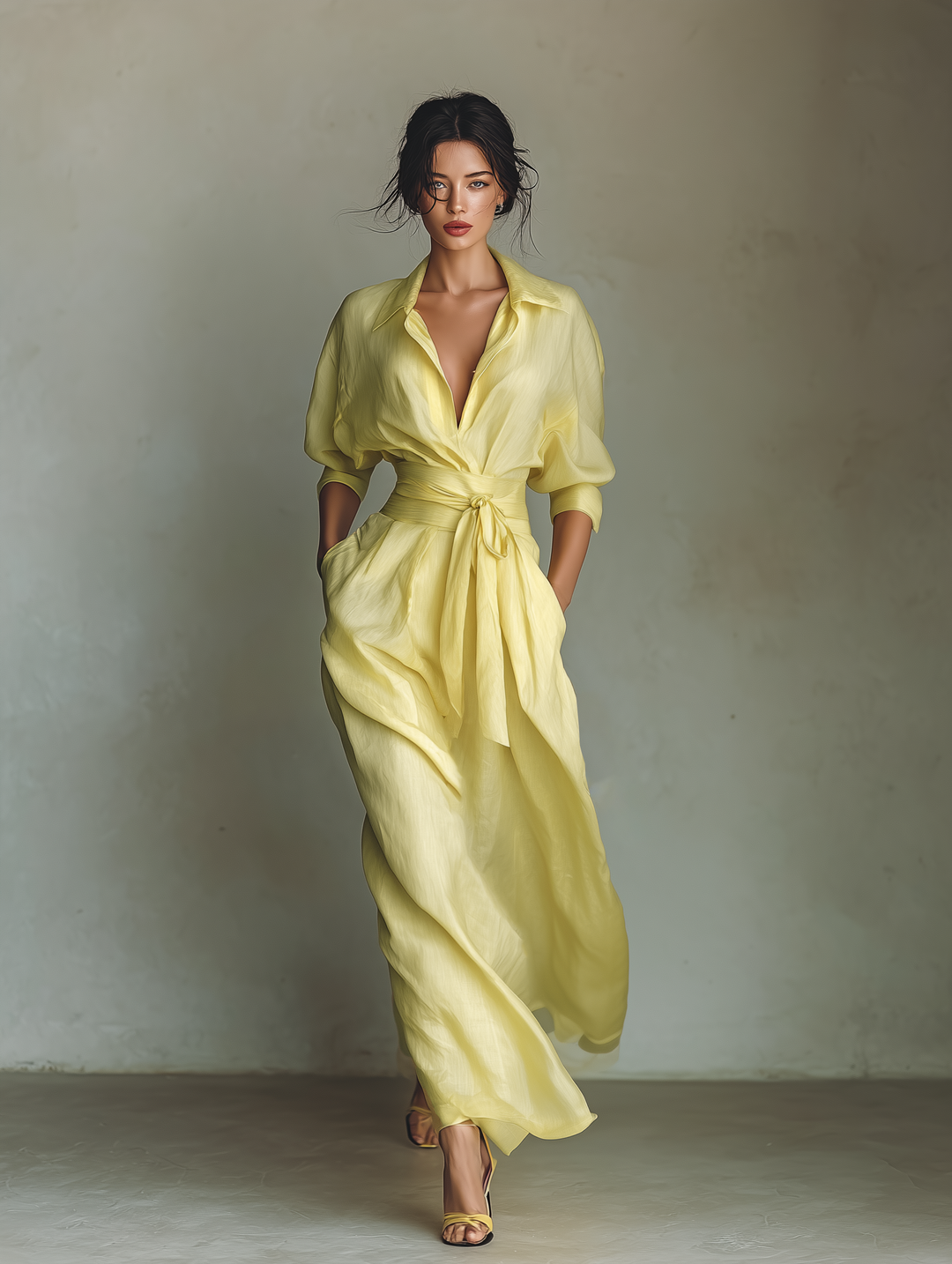 Lily™ | Lemon Tie-Belt Maxi Shirt Dress