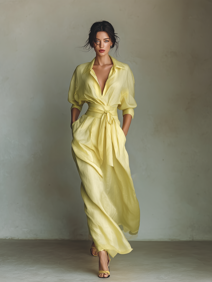 Lily™ | Lemon Tie-Belt Maxi Shirt Dress