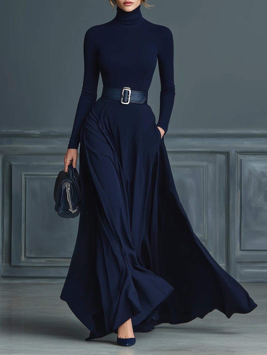 Dark blue knitted dress with a high collar