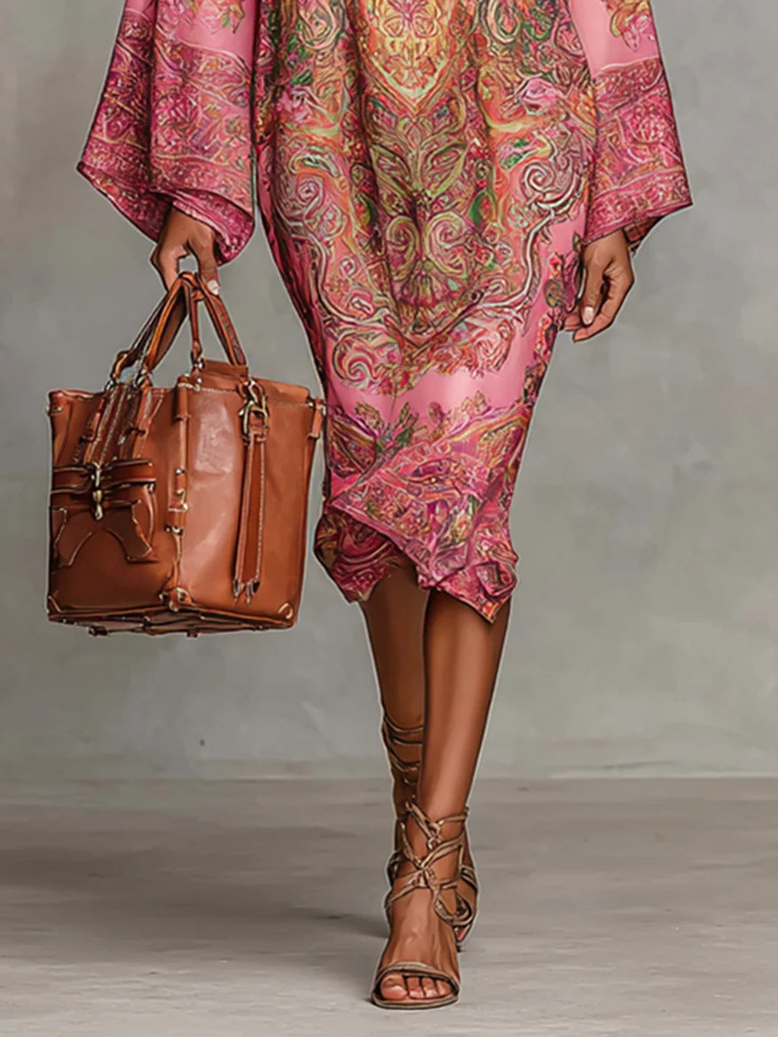 Pink midi dress with paisley pattern, featuring wide sleeves and long sleeves.