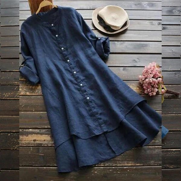 Women's midi dress with button closure, loose fit, and layered hem