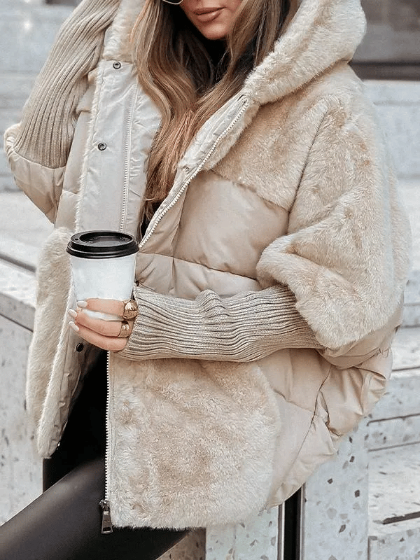 Women's Winter Jacket with Hood, Long Sleeves, and Fur Patchwork