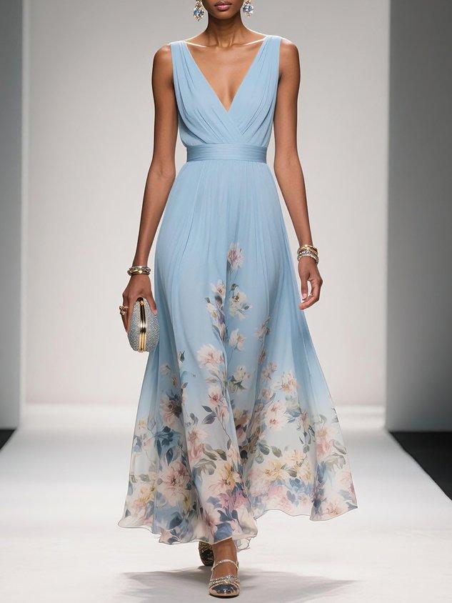 Rose | Light Blue Floral V-Neck Maxi Dress