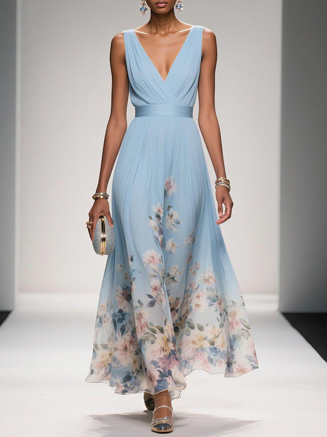 Rose | Light Blue Floral V-Neck Maxi Dress