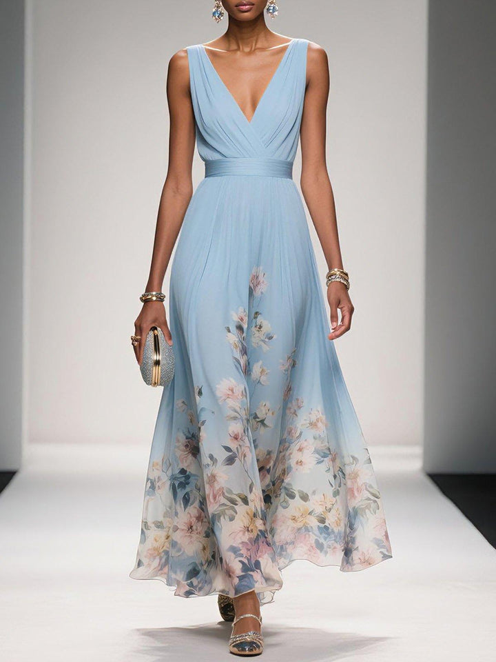 Rose | Light Blue Floral V-Neck Maxi Dress