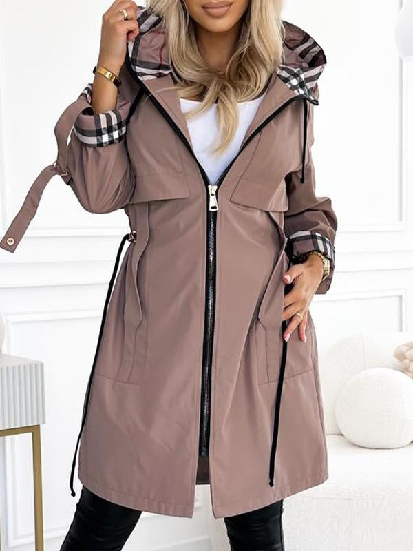 Women's Casual Long Plaid Coat with Hood, Zipper, and Drawstring