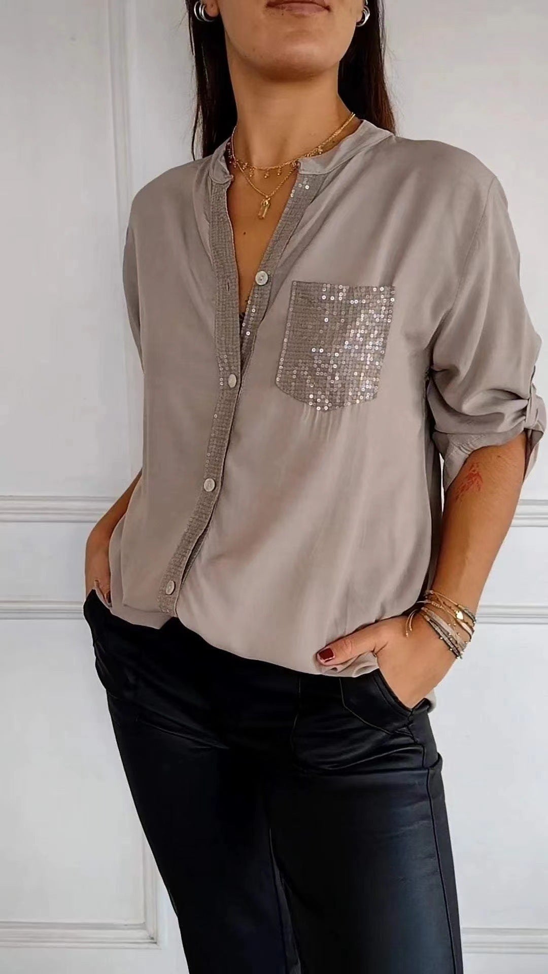 Women’s Casual Button-Up Blouse with Sequin Detail