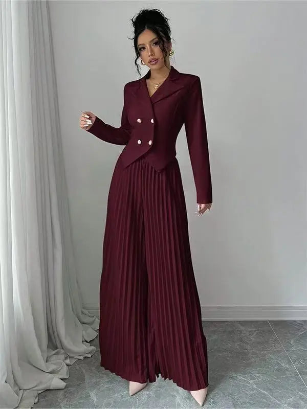 Women's Two Piece Suit Set - Cropped Blazer and Pleated Wide-Leg Pants