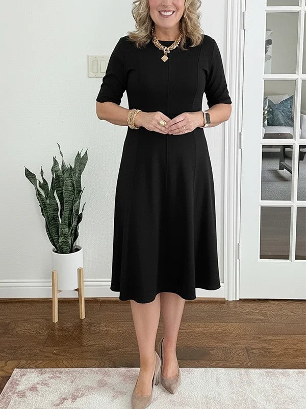 Women's Midi Dress with Short Sleeves and Flared Skirt