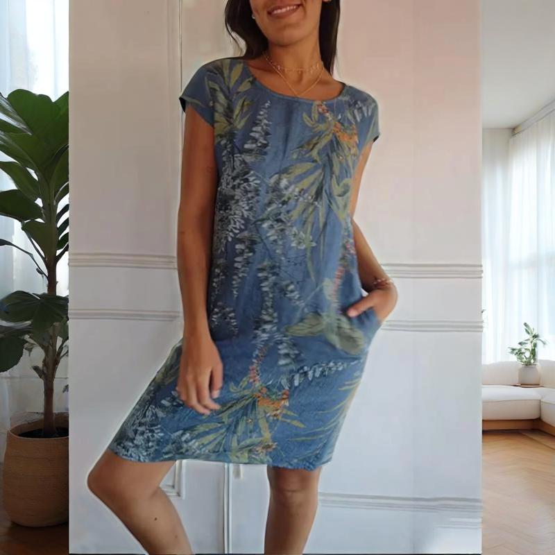 Teres | Round Neck Dress with Botanical Print