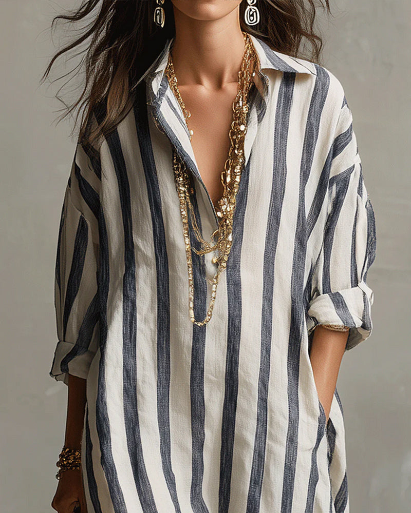 Women's Midi Striped Shirt Dress with Long Sleeves