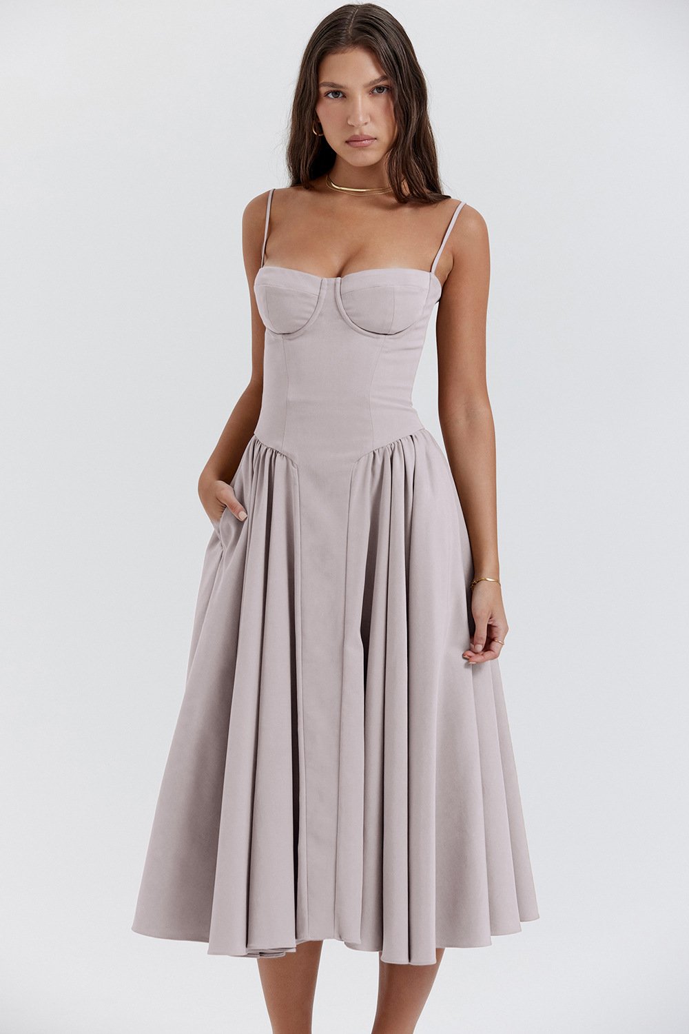 Women’s Elegant Midi Dress with Spaghetti Straps and Flared Skirt