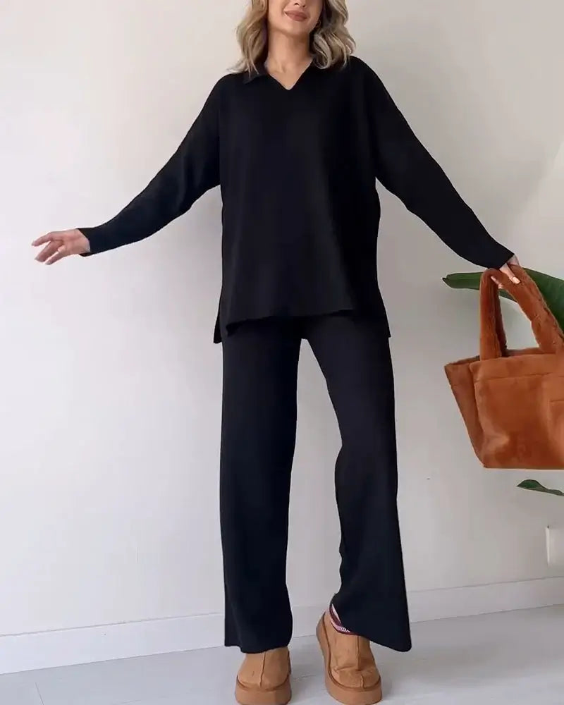 Colorful, trendy sweater with a collar, loose fit, casual, two-piece set