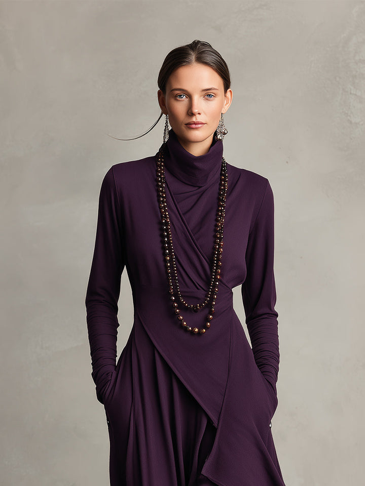 Women's Bohemian Cotton Stretch Turtleneck Asymmetrical Maxi Dress