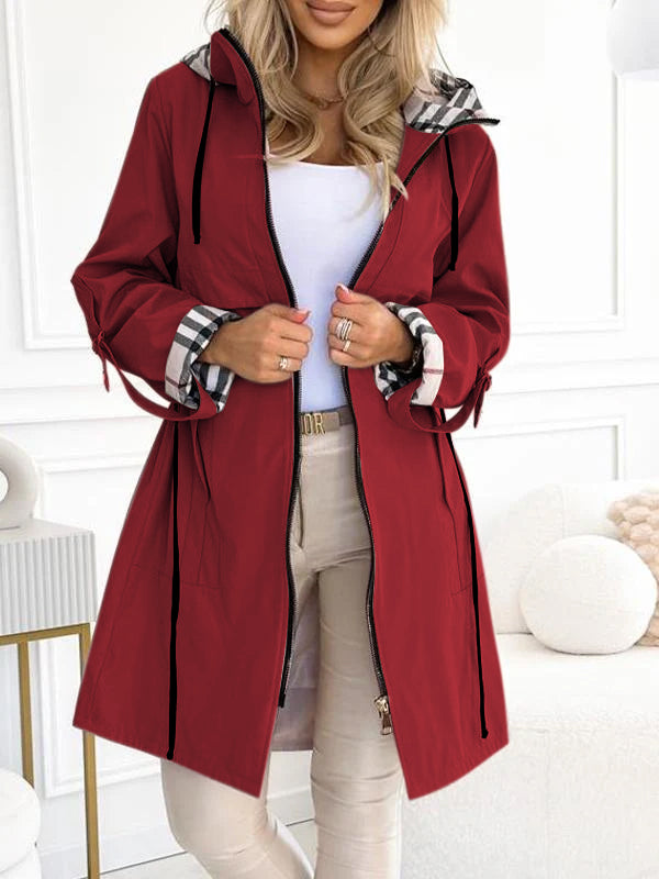 Women's Casual Long Plaid Coat with Hood, Zipper, and Drawstring