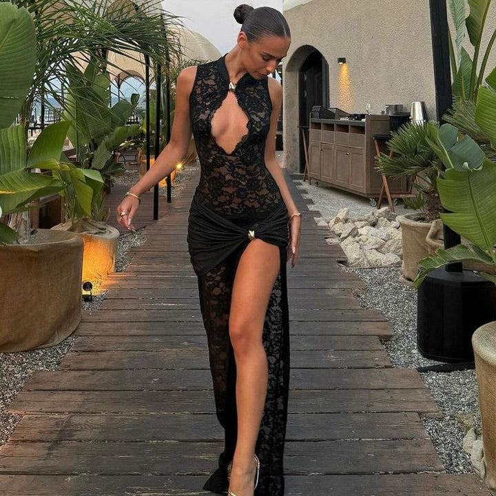 Kehla | Black Lace Maxi Dress with High Slit