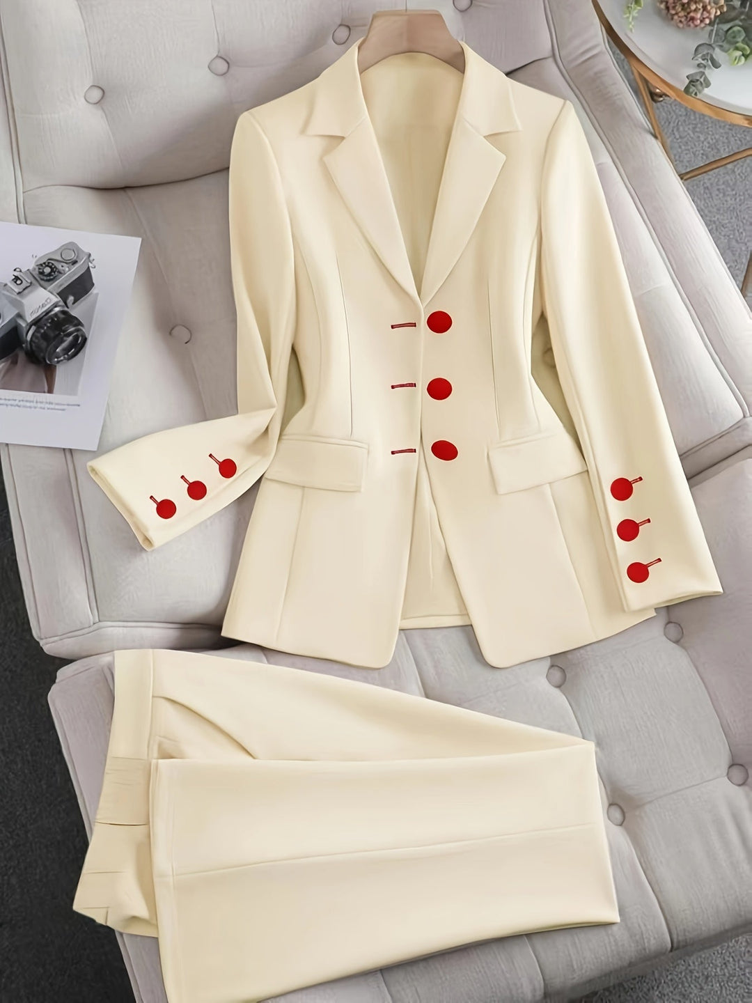 Women's Beige Tailored Blazer - Contrast Button Two Piece Suit