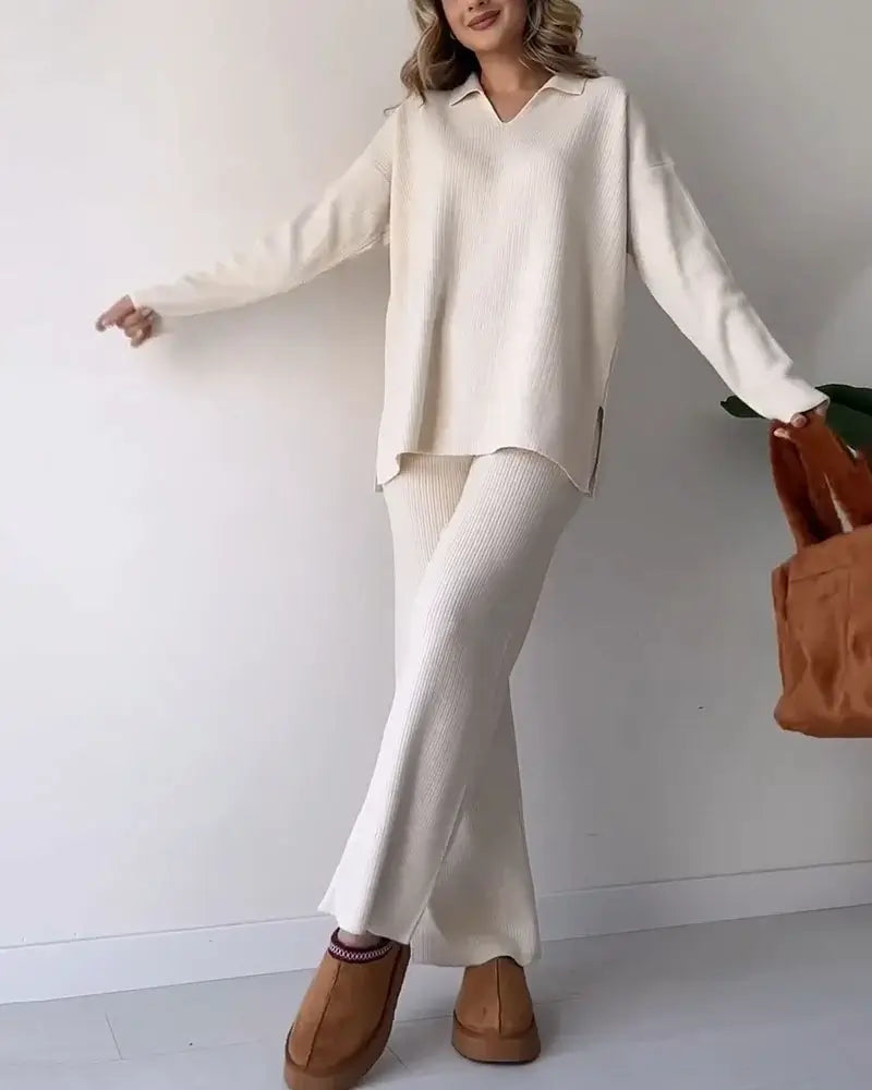 Colorful, trendy sweater with a collar, loose fit, casual, two-piece set