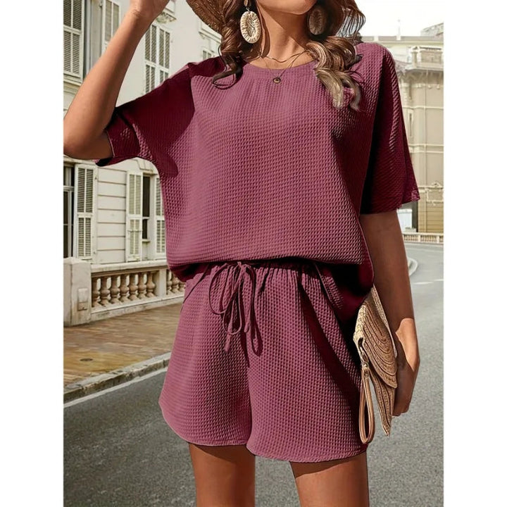 Women’s Relaxed Two-Piece Set with Short Sleeve Top and Drawstring Shorts