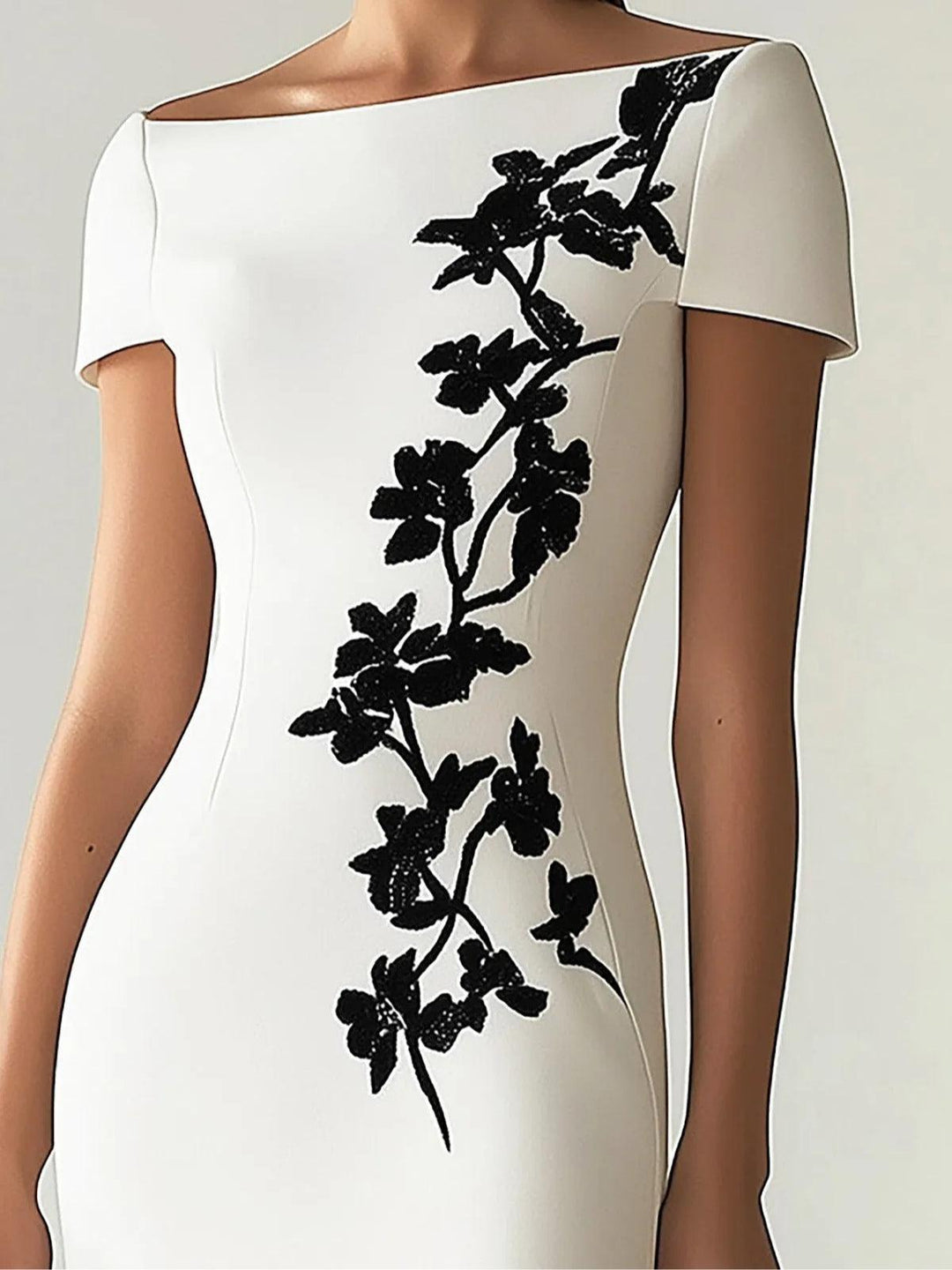 Audrey | Chic Floral Print Boat Neck Midi Dress