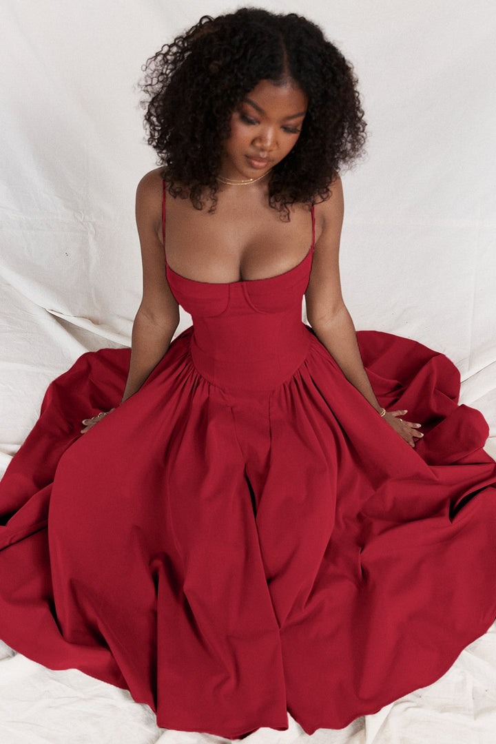 Women’s Elegant Midi Dress with Spaghetti Straps and Flared Skirt