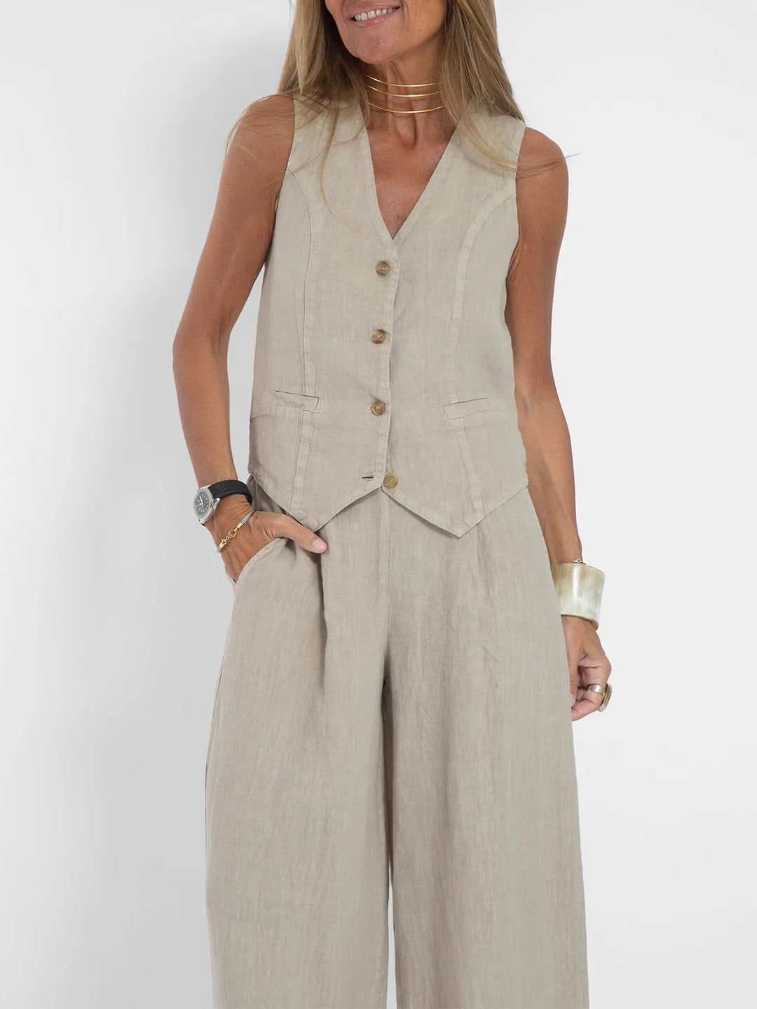 Women’s Sleeveless Button Vest & Wide-Leg Pants Set