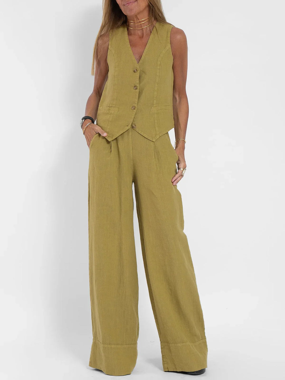 Women’s Sleeveless Button Vest & Wide-Leg Pants Set