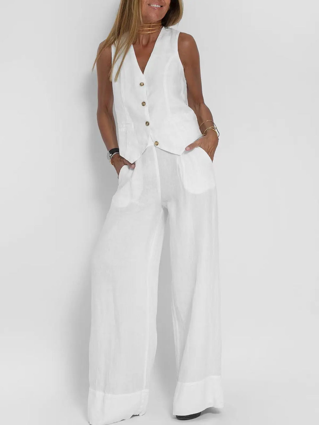 Women’s Sleeveless Button Vest & Wide-Leg Pants Set