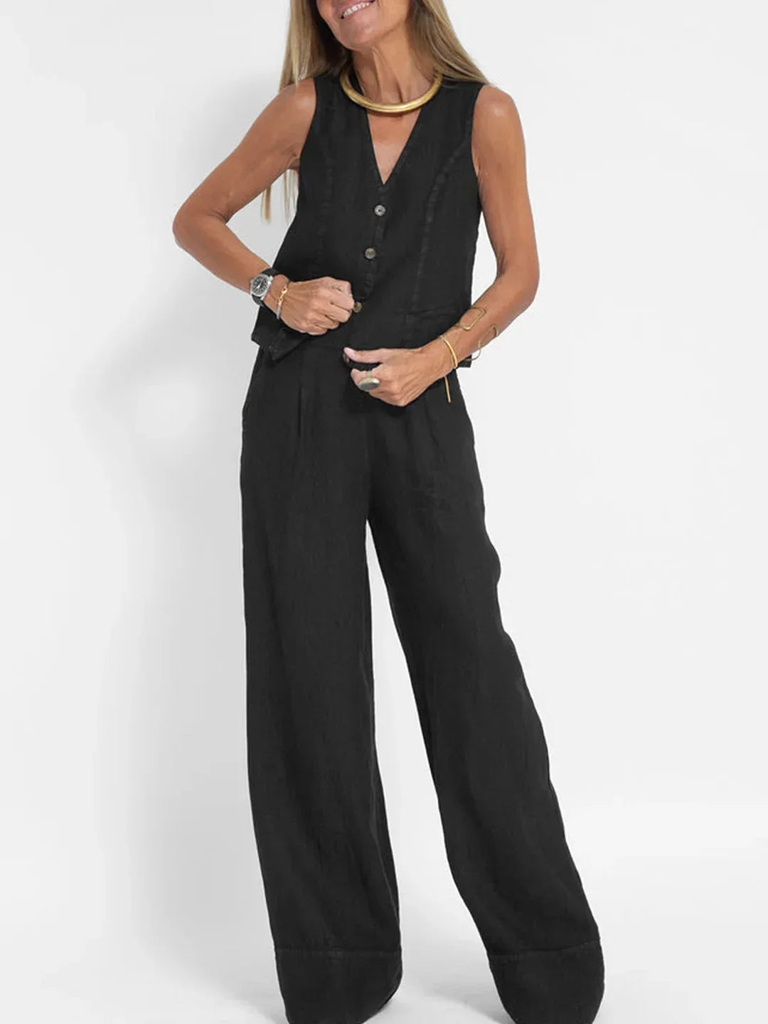 Women’s Sleeveless Button Vest & Wide-Leg Pants Set