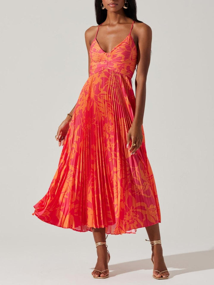 Heather | Coastal Chic Elegant Floral Print Pleats Midi Dress
