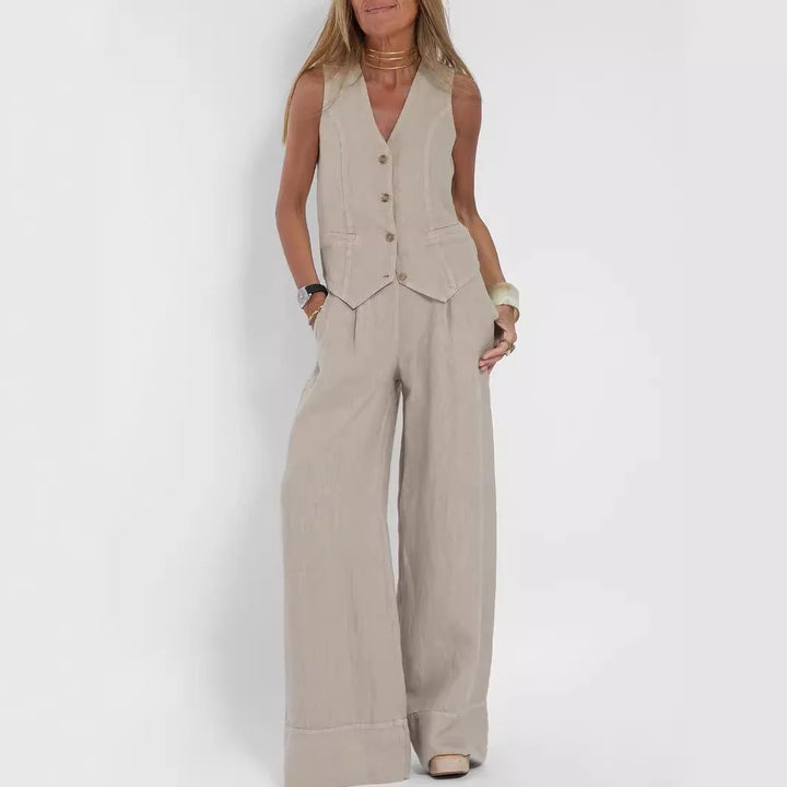 Women’s Sleeveless Button Vest & Wide-Leg Pants Set