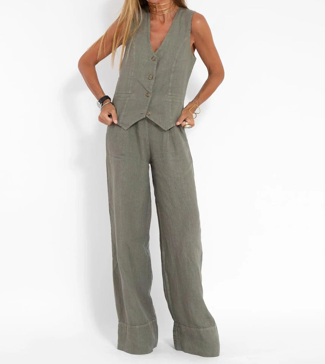 Women’s Sleeveless Button Vest & Wide-Leg Pants Set