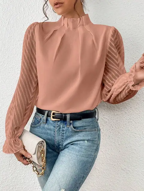 Women's Blouse - Frill Mock Neck Sheer Chevron Sleeve Pleated Top