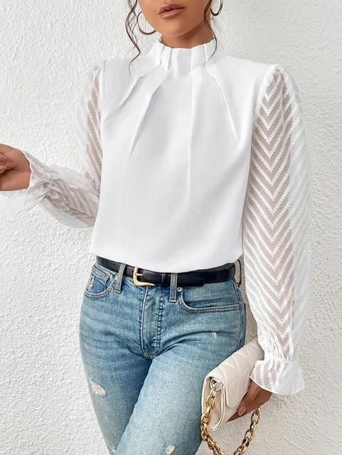Women's Blouse - Frill Mock Neck Sheer Chevron Sleeve Pleated Top