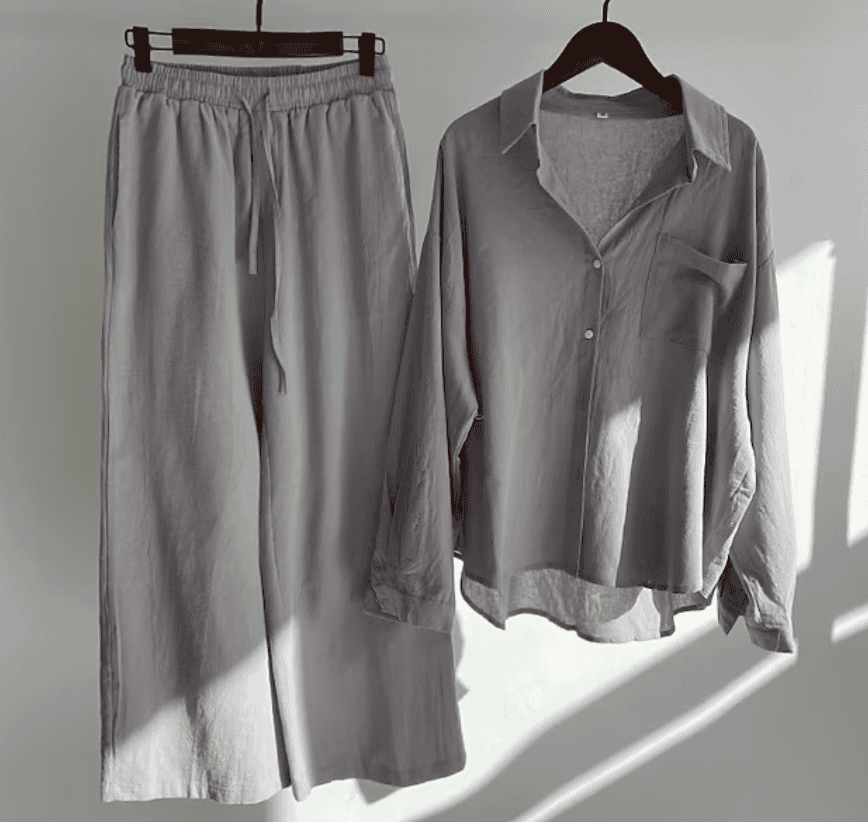 Women’s Relaxed Two-Piece Set with Button-Up Shirt and Wide Leg Pants
