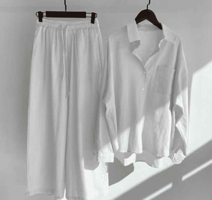 Women’s Relaxed Two-Piece Set with Button-Up Shirt and Wide Leg Pants