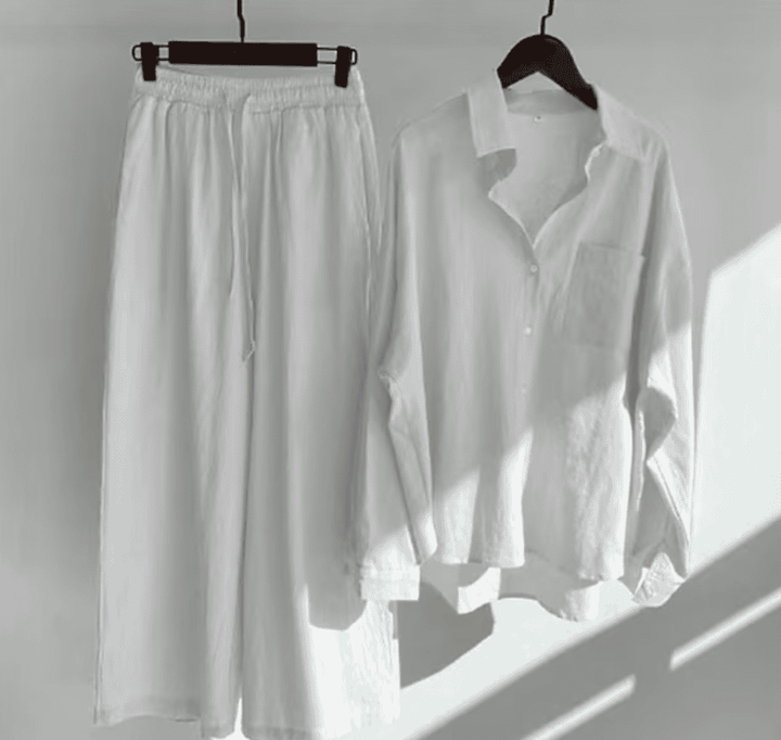 Women’s Relaxed Two-Piece Set with Button-Up Shirt and Wide Leg Pants