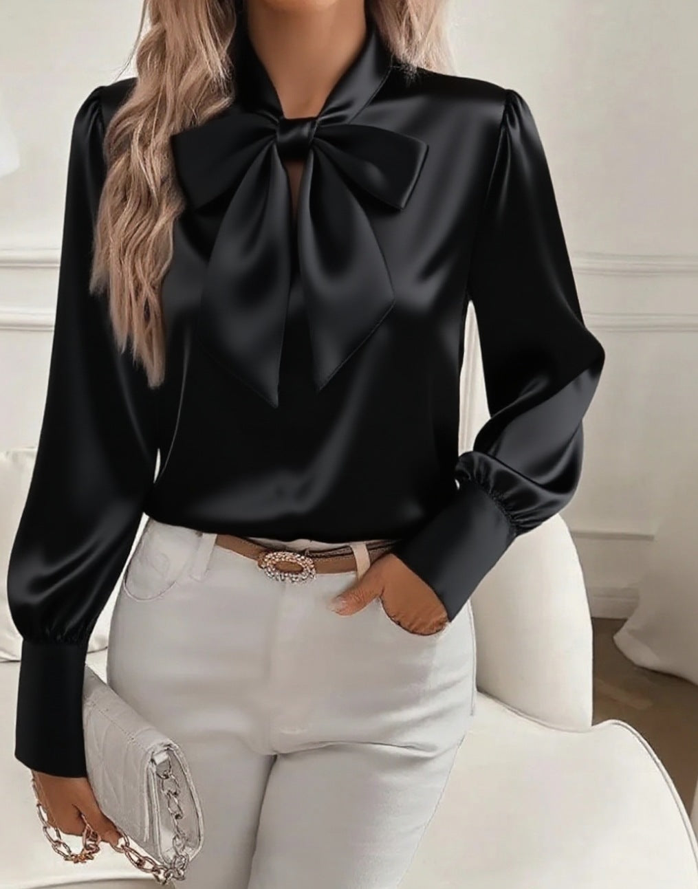 Women's Satin Blouse - Long Sleeve Bow Tie Neck Puff Sleeve Button Cuff Top