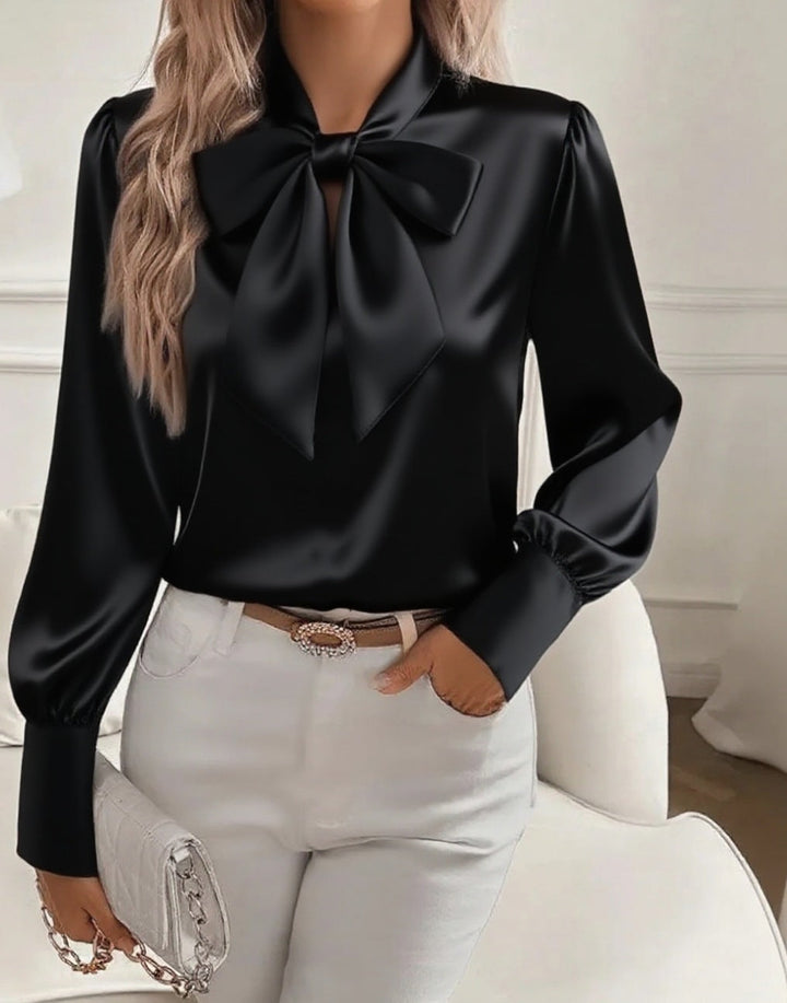 Women's Satin Blouse - Long Sleeve Bow Tie Neck Puff Sleeve Button Cuff Top