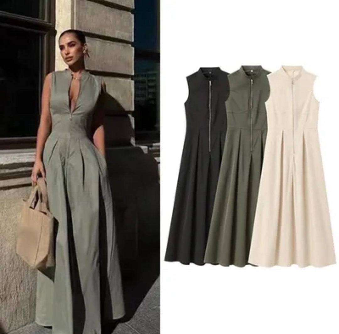 Sleeveless Tailored Wide-Leg Jumpsuit with Deep V-Zip Front