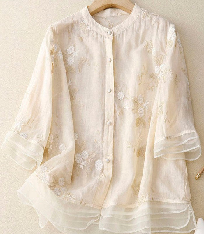 Women's Button-Up Blouse with Embroidered Details