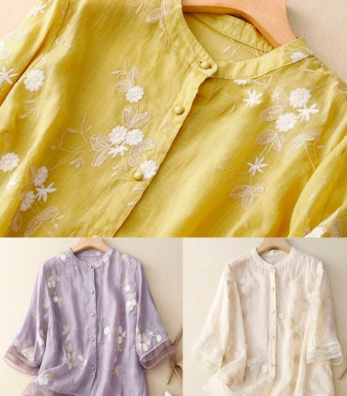 Women's Button-Up Blouse with Embroidered Details